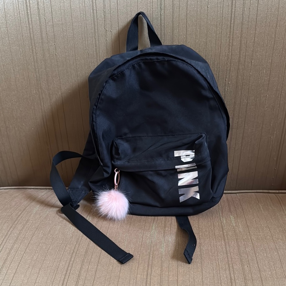 PINK Victoria's Secret Black Backpack with Textured Fabric and Shoulder Straps